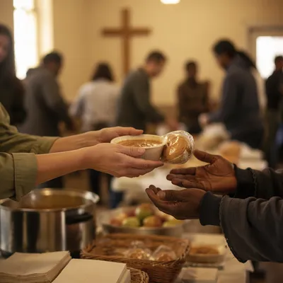 Hands Sharing Soup at Church Outreach