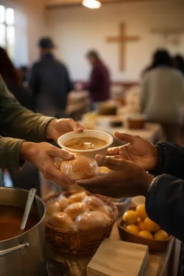 Hands Sharing Soup at Church Outreach