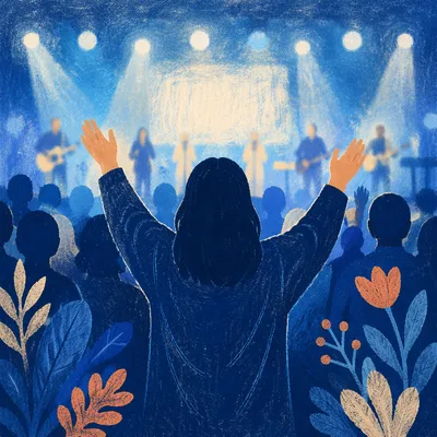 Raised Hands in Blue Worship Lights