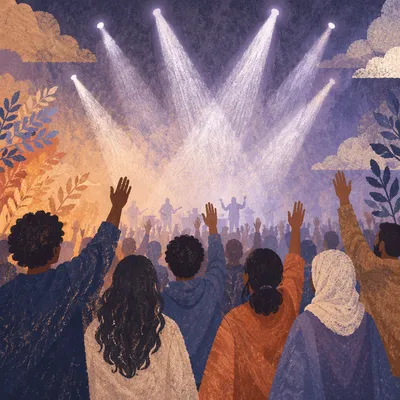 Raised Hands in Worship Concert Lights