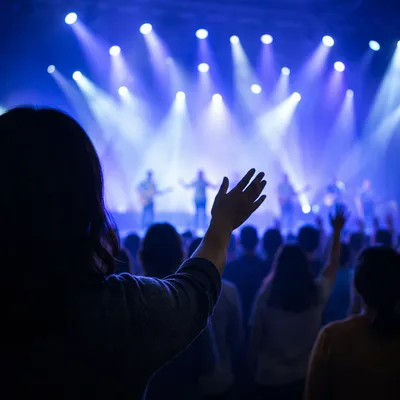 Raised Hands in Blue Worship Lights