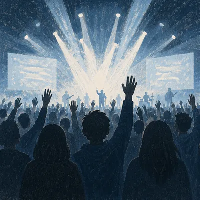 Raised Hands in Blue Worship Lights