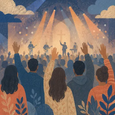 Raised Hands in Evening Worship Lights