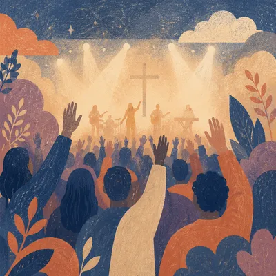 Raised Hands in Reverent Worship Lights