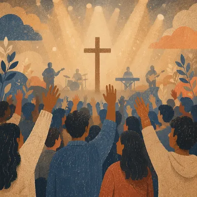 Raised Hands in Church Worship Lights