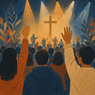 Raised Hands in Evening Worship Lights