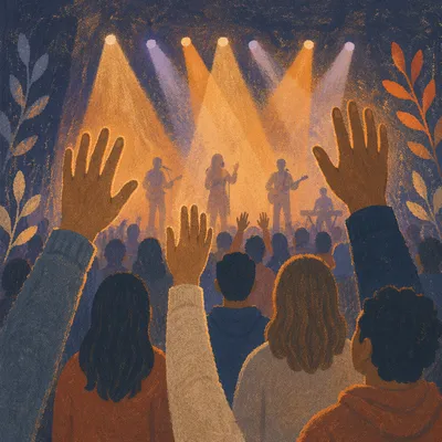 Raised Hands in Worship Night Lights