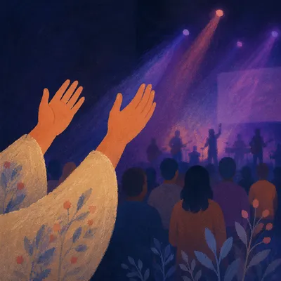 Raised Hands in Purple Worship Lights