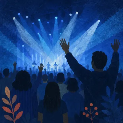 Raised Hands in Blue Worship Lights