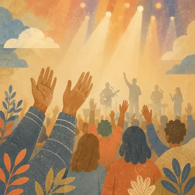 Raised Hands in Evening Worship Lights