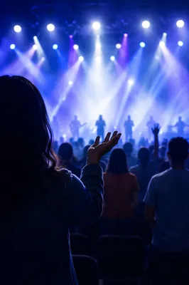 Raised Hands in Blue Worship Lights