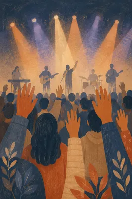 Raised Hands in Church Worship Lights