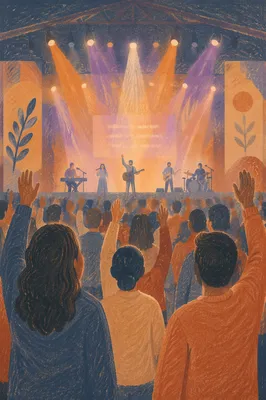 Raised Hands in Evening Worship Lights