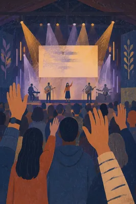 Raised Hands in Evening Worship Lights
