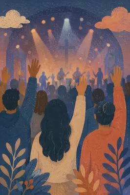 Raised Hands in Evening Worship Lights