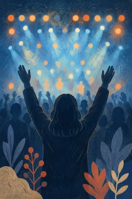 Silhouetted Worshipper with Raised Hands and Lights