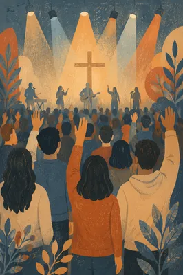 Raised Hands in Evening Worship Lights