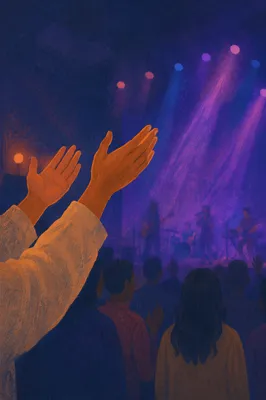 Raised Hands in Purple Worship Lights