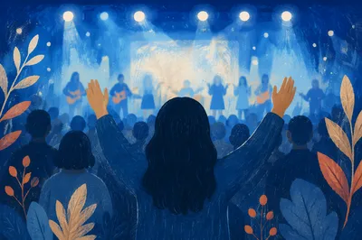 Raised Hands in Blue Worship Lights
