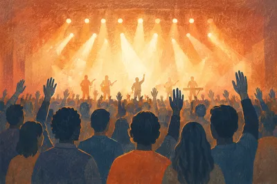 Raised Hands in Golden Worship Lights