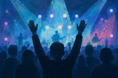 Hands Raised at Worship Concert Lights