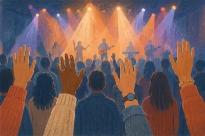 Raised Hands at Worship Concert Lights