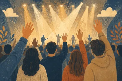 Raised Hands in Reverent Worship Lights