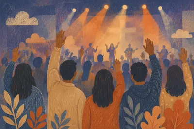 Raised Hands in Evening Worship Lights