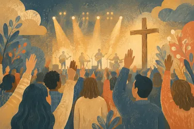 Raised Hands Worship Under Amber Lights