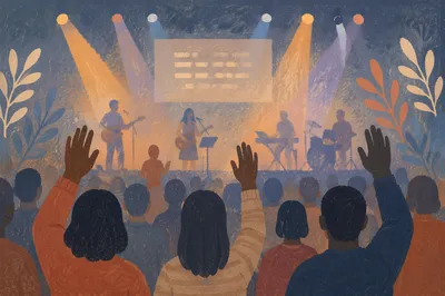 Raised Hands in Worship Concert Lights