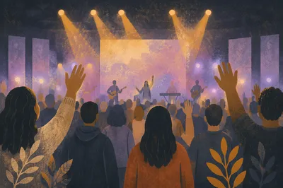 Raised Hands in Worship Concert Lights