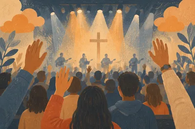 Raised Hands in Evening Worship Lights