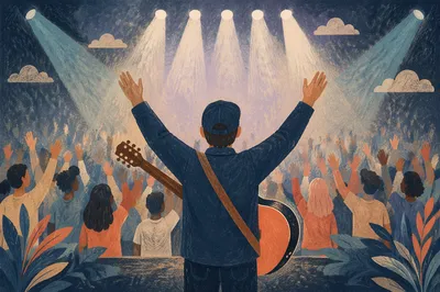Raised Hands Worship Under Teal Concert Lights