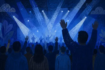 Raised Hands in Blue Worship Lights