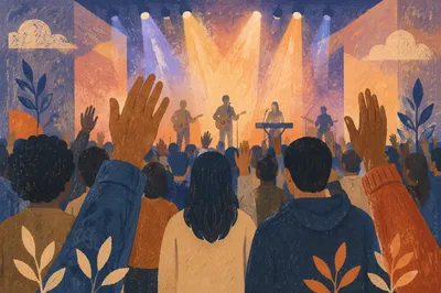 Raised Hands in Worship Concert Lights