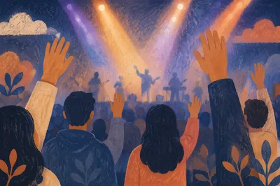 Raised Hands in Worship Concert Lights