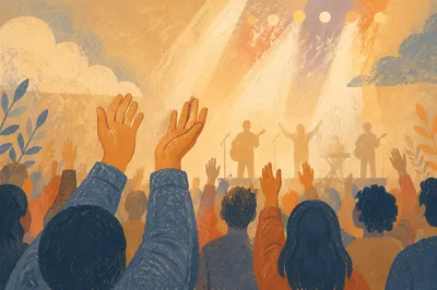 Raised Hands in Evening Worship Lights