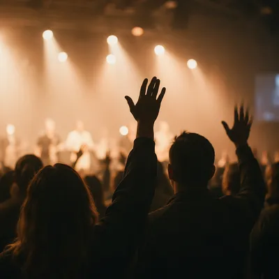 Raised Hands in Worship Concert Lights