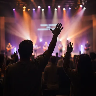Raised Hands in Evening Worship Lights