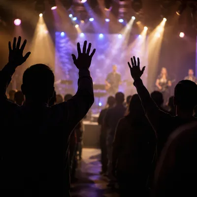 Raised Hands in Worship Concert Lights