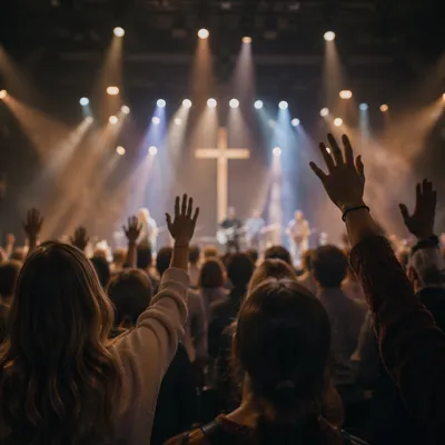 Raised Hands in Evening Worship Lights