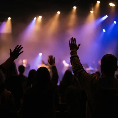 Raised Hands in Worship Concert Lights
