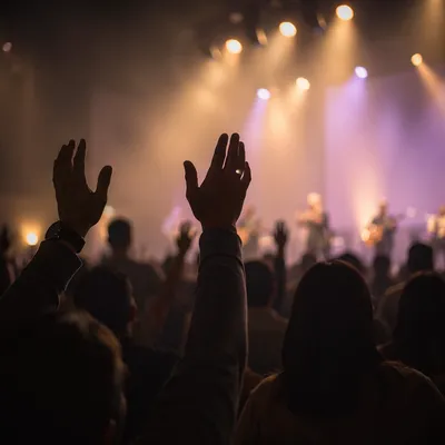 Raised Hands in Evening Worship Lights