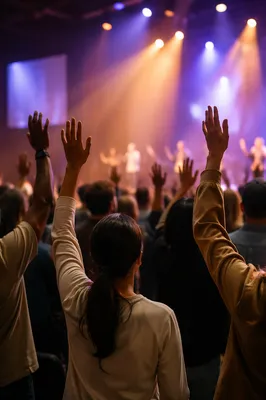 Hands Raised in Evening Worship Gathering