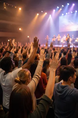 Hands Raised in Contemporary Worship Gathering