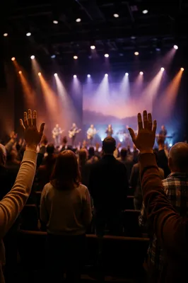Raised Hands in Evening Worship Lights