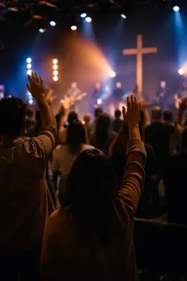 Raised Hands in Evening Worship Lights