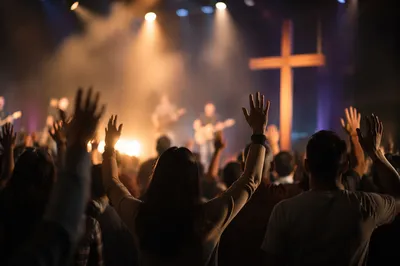 Raised Hands Worship Under Concert Lights