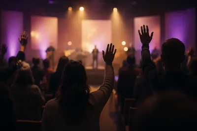 Raised Hands in Worship Concert Lights