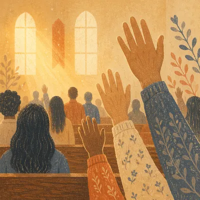 Raised Hands Worship in Golden Church Light